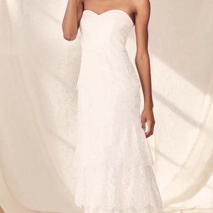 White Floral Lace Strapless Tiered Maxi Dress